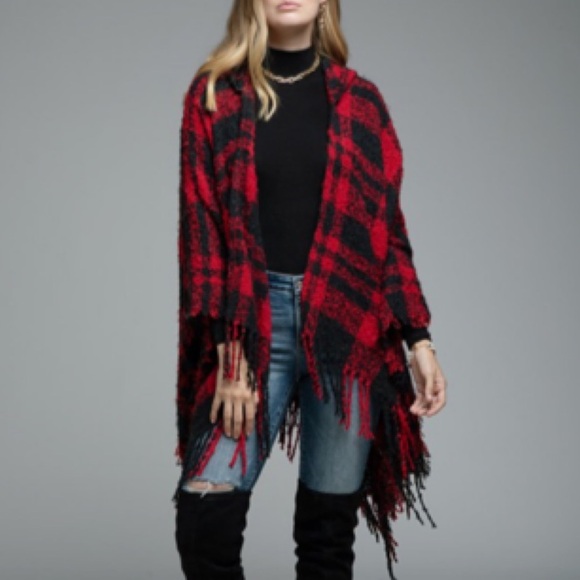 Oh So Soft Plaid Cardigan Poncho Ruana Hoodie With Fringe - Picture 9 of 12